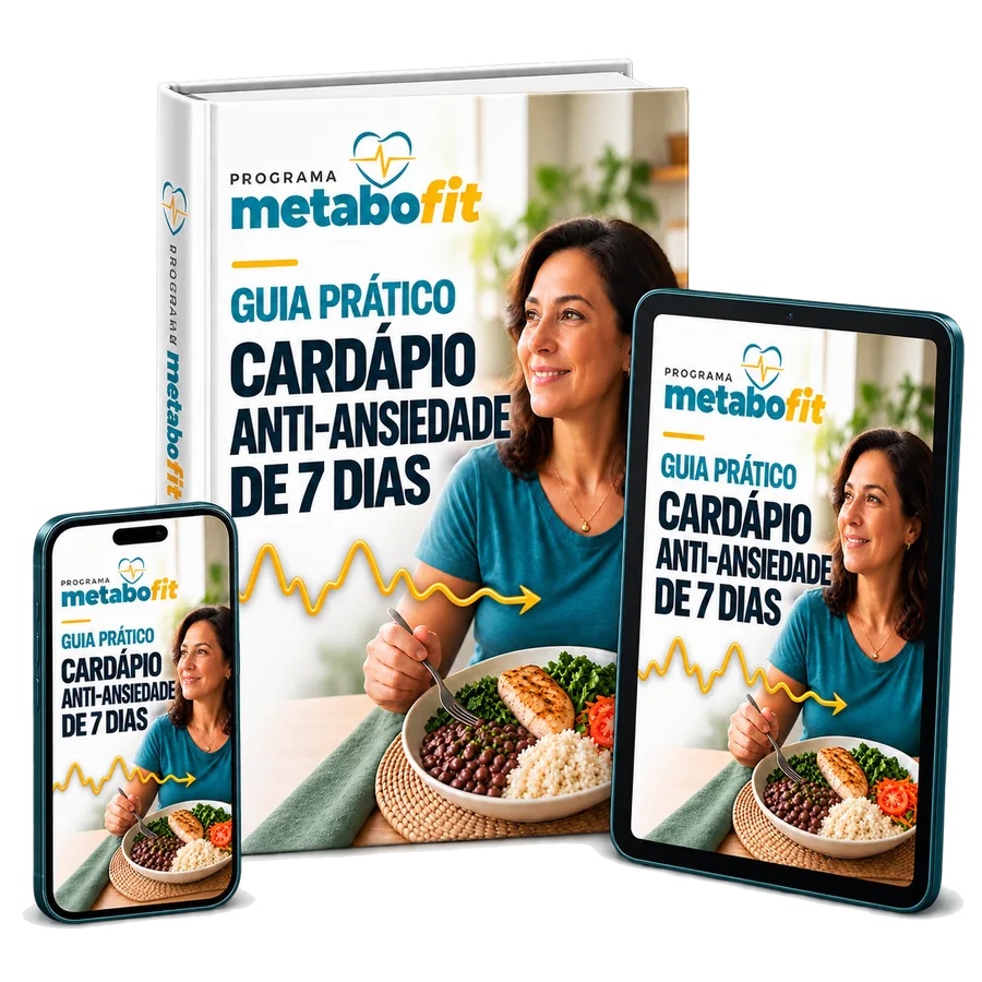 Cardápio Anti-Ansiedade de 7 Dias em capa de livro, tablet e celular